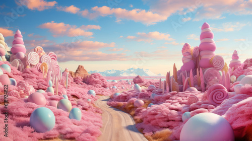 Candy coated landscape of fantastical environment. Wonderland of sweets and sugar mountains