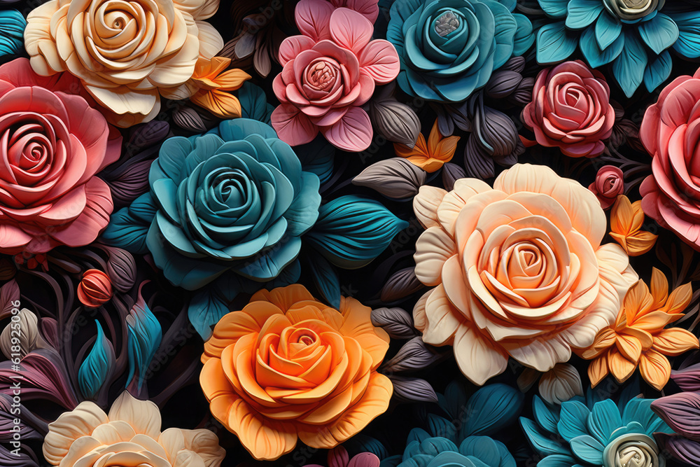 Nahtlos wiederholendes Muster - Textur von plastischen bunten Rosen Nahtlos wiederholendes Muster - Textur von plastischen bunten Rosen