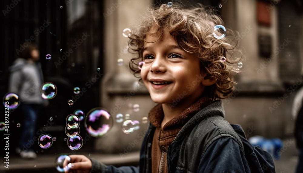 Smiling child playing outdoors, carefree and happy generated by AI Smiling child playing outdoors, carefree and happy generated by AI