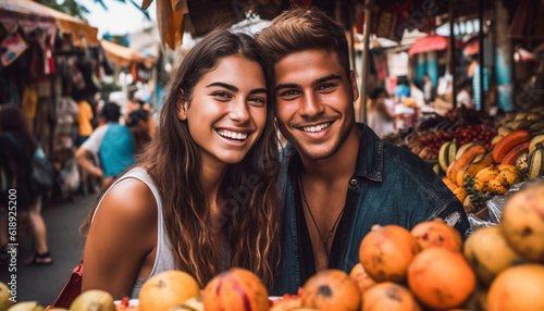 Young adults smiling, enjoying fruit outdoors together generated by AI