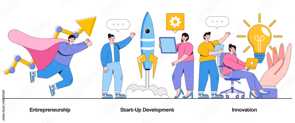 Entrepreneurship, Start-Up Development, Innovation Concept with Character. Business Growth Abstract Vector Illustration Set. Market Disruption, Product Development, Entrepreneurial Journey Metaphor