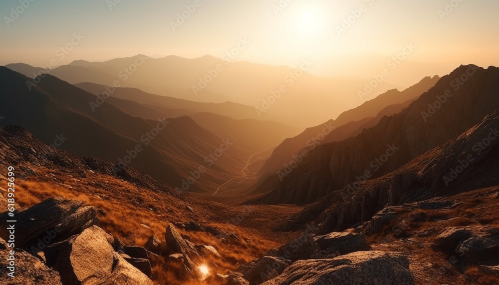 Men hiking mountain range at sunrise, majestic beauty generated by AI