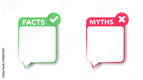 Facts vs Myths. True or false facts banners. Badges for marketing and advertising. Сoncept of cross and checkmark or true or false and yes or no symbol. Vector