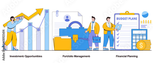 Investment Opportunities, Portfolio Management, Financial Planning Concept with Character. Wealth Management Abstract Vector Illustration Set. Asset Allocation, Risk Management, Financial Growth