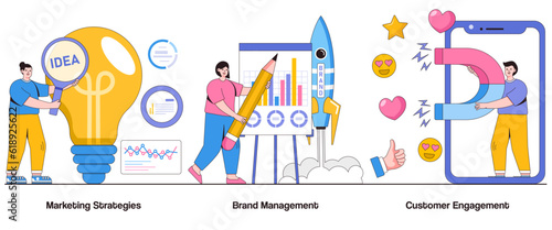 Marketing Strategies, Brand Management, Customer Engagement Concept with Character. Advertising Abstract Vector Illustration Set. Promotion, Communication, Branding Metaphor