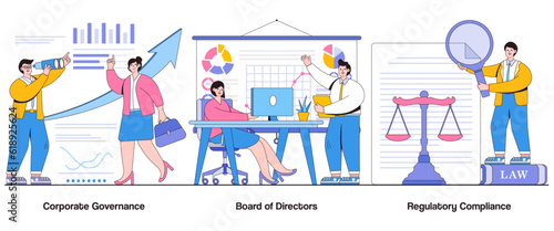 Corporate Governance, Board of Directors, Regulatory Compliance Concept with Character. Corporate Responsibility Abstract Vector Illustration Set. Ethical Practices, Transparency, Legal Framework