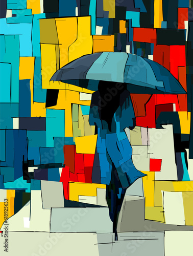 Woman with umbrella abstract art drawing, vector template
