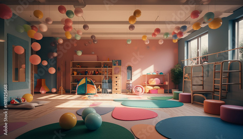 Playful child enjoys colorful toy in modern playroom generated by AI