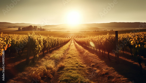 Sun kissed vineyards in tranquil Italian countryside generated by AI