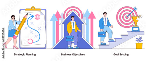 Strategic Planning, Business Objectives, Goal Setting Concept with Character. Business Strategy Abstract Vector Illustration Set. Visionary Leadership, Strategic Implementation, Business Success