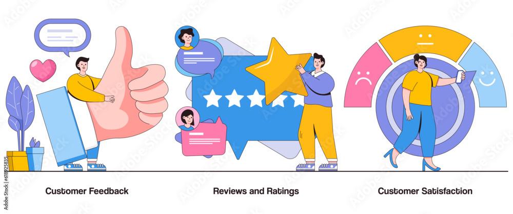 Customer Feedback, Reviews and Ratings, Customer Satisfaction Surveys Concept with Character. Customer Feedback Loop Abstract Vector Illustration Set. Continuous Improvement, Brand Loyalty Metaphor