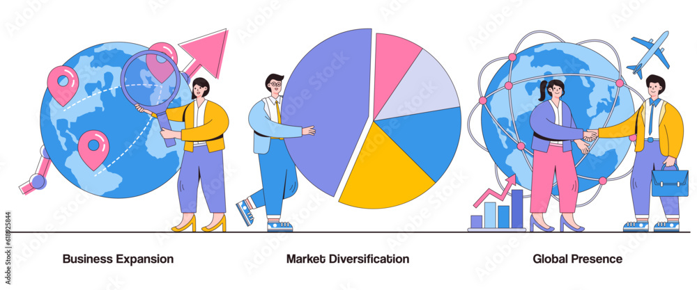 Business Expansion, Market Diversification, Global Presence Concept with Character. Business Growth Strategy Abstract Vector Illustration Set. Market Penetration, New Market Entry Metaphor