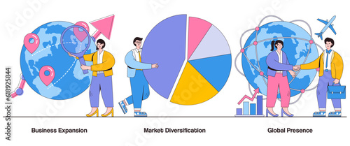 Business Expansion, Market Diversification, Global Presence Concept with Character. Business Growth Strategy Abstract Vector Illustration Set. Market Penetration, New Market Entry Metaphor