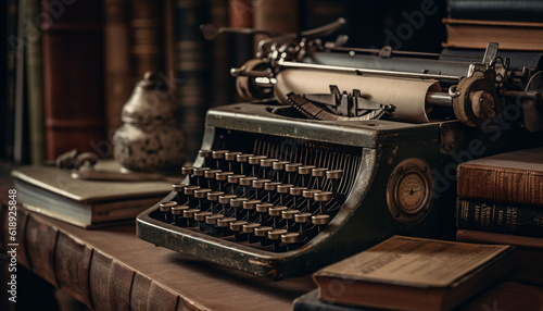 Antique typewriter on wooden table, nostalgic storytelling generated by AI