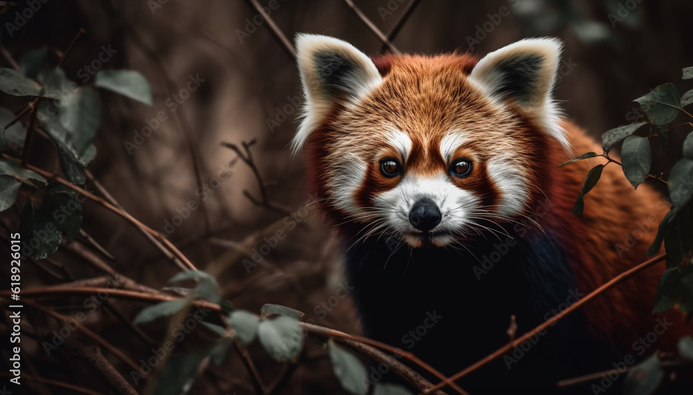 Fototapeta premium Fluffy panda sitting on tree branch, looking cute generated by AI