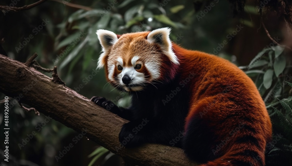 Fototapeta premium Fluffy panda sitting on tree branch looking cute generated by AI