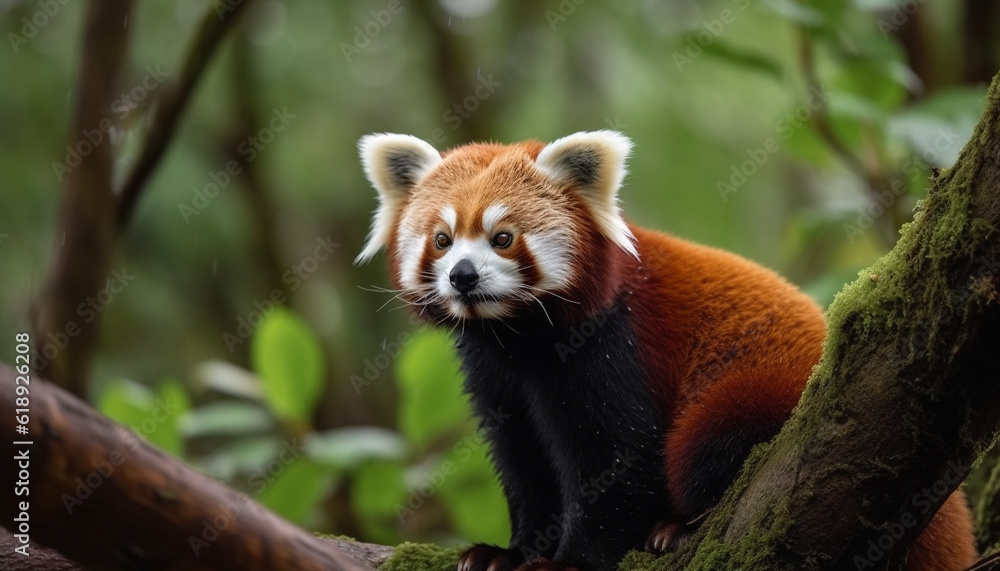 Fluffy panda sitting on tree branch outdoors generated by AI Fluffy panda sitting on tree branch outdoors generated by AI