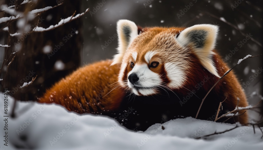 Fototapeta premium Red panda sitting on snowy tree branch generated by AI