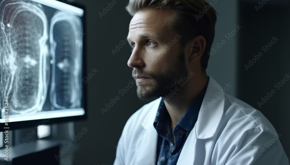 Radiologist analyzing x ray image, holding stethoscope generated by AI Radiologist analyzing x ray image, holding stethoscope generated by AI