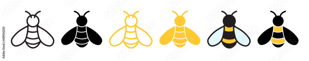 Honey bee vector icon set. Buzz bee line icons. Honeybee vector symbol in black and yellow color. Bee insect sign.  - obrazy, fototapety, plakaty 