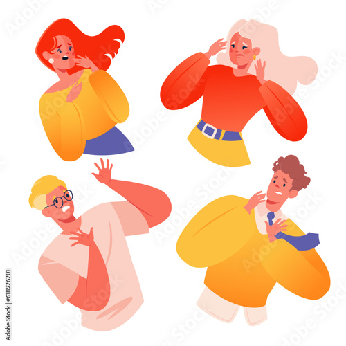Visualization of topics about self-doubt, social stress, phobias or mental health, aspects of psychological well-being. Vector illustration set of frightened women and men. Unique pose and gesture