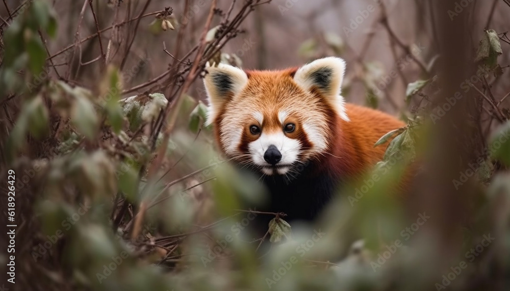 Fototapeta premium Fluffy red fox looking at camera outdoors generated by AI