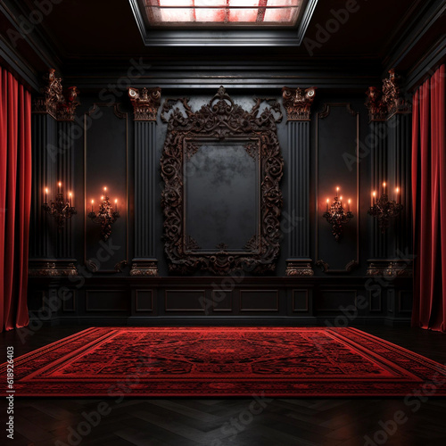 A Vacant Mockup of a Blood-Red and Black Room Within a Mansion Generative AI
