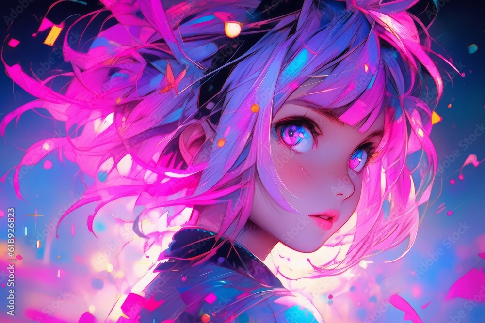 An anime girl with colorful hair, in the style of vibrant futurism, Generative AI