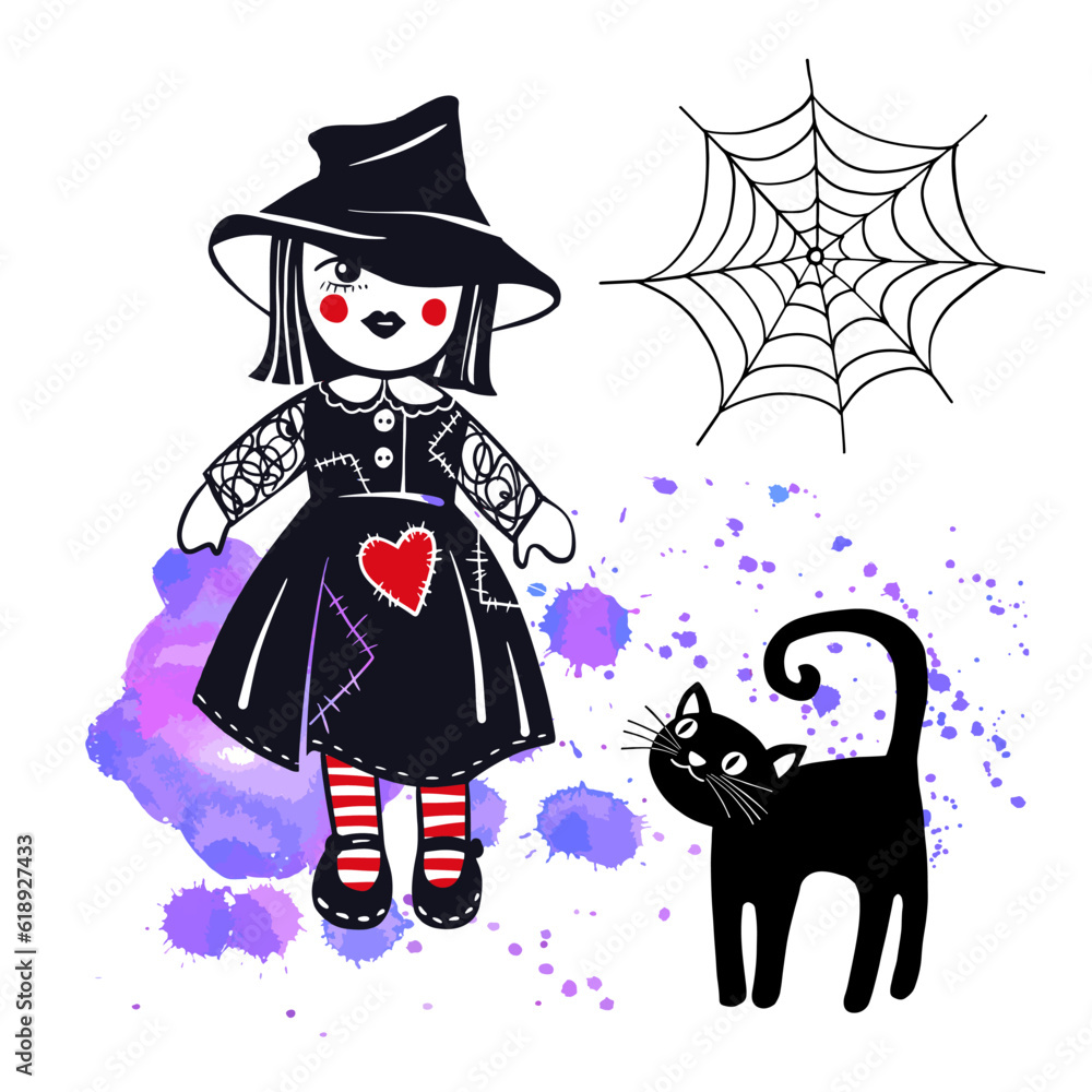 Halloween Witch Doll with Black Cat. Spooky Charm of Halloween. Hand drawn sketch style. Vector illustration. Isolated on purple blobs.