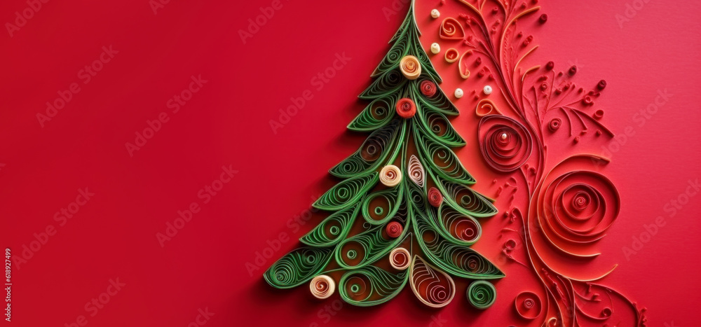 Banner with quilling christmas tree closeup on red background, top view. Merry Christmas and Happy New Year holiday concept. Generated by AI Banner with quilling christmas tree closeup on red background, top view. Merry Christmas and Happy New Year holiday concept. Generated by AI