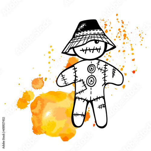Halloween Voodoo Doll. Spooky Charm of Halloween. Hand drawn sketch style. Vector illustration. Isolated on orange blobs.