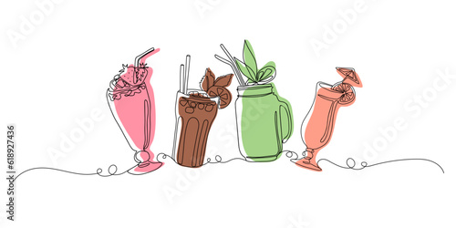 Cocktails set with one continuous line art style. Vector linear abstract illustration. Party, pub, restoraunt, club element for prints, textile, posters, cards.  Fresh and cold alcohol coctail. 