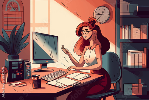 Content female accountant at office desk, calculating taxes on computer. Satisfied woman manages budget, tallying expenses with calculator. Vector graphic