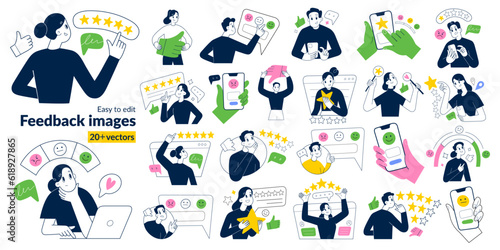 People leave positive, negative feedback on social media, use mobile app, rate services, write bad, good reviews, give 5 stars rating, digital marketing, satisfied clients, vector illustrations set