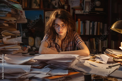 Stressed young woman reviewing her bills, reflecting financial strain during a recession. A poignant representation of personal debt and economic downturn. genrative ai.