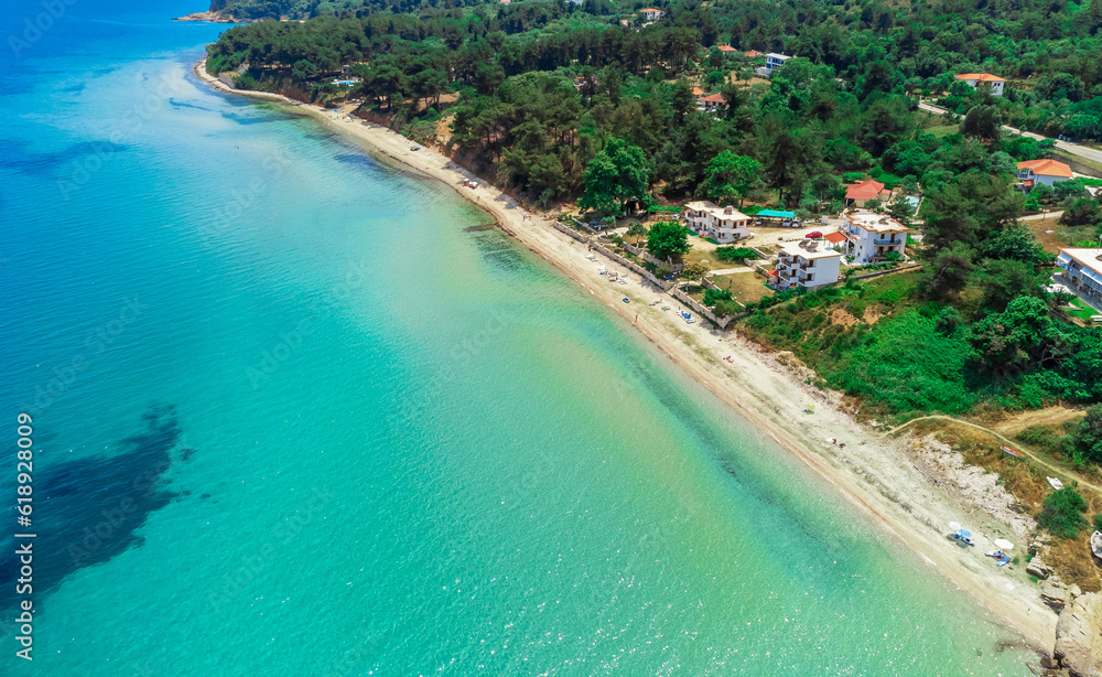 Fototapeta premium Aerial view sand summer beach and sea. Kinira Beach, Thassos, Greece