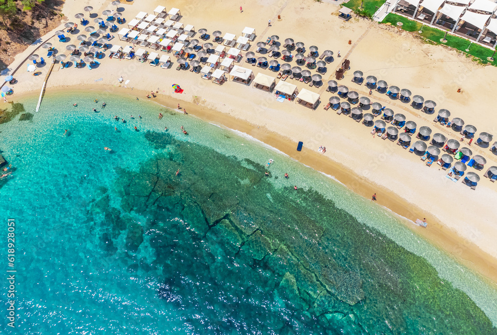 Aerial view sand summer beach and sea. Trypiti Beach, Thassos, Greece