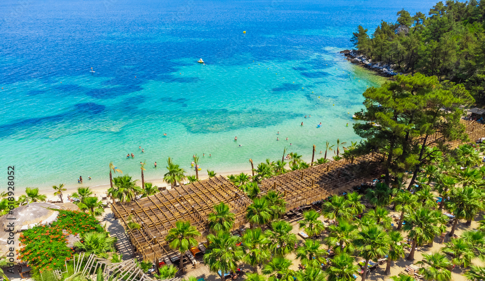 Aerial view summer beach, sea, palms. La Scala Beach, Thassos, Greece Aerial view summer beach, sea, palms. La Scala Beach, Thassos, Greece