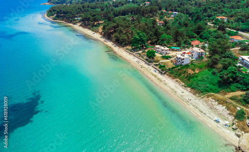 Aerial view sand summer beach and sea. Kinira Beach, Thassos, Greece