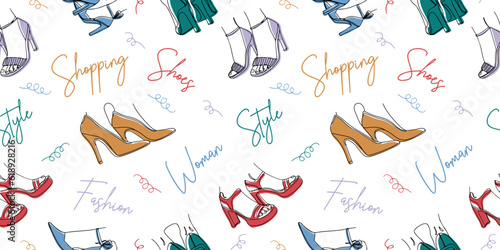 Seamless pattern of High Heels Shoes - sandals and pumps. Design elements drawn with one continuous line and flat colored background. Background for use in design, website, wrapping, textile.