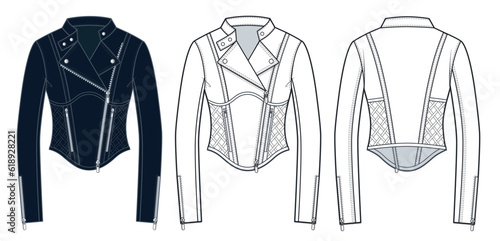 Leather Jacket technical fashion illustration. Biker Jacket fashion flat technical drawing template, corset, cutouts, slim fit, zip-up, front and back view, white, black, women CAD mockup set.