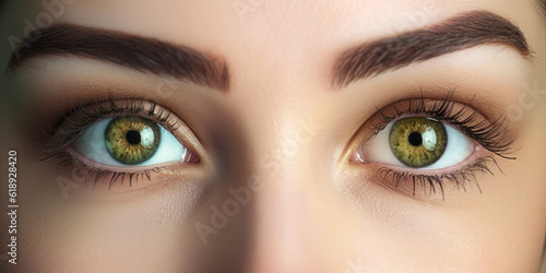 Young beautiful woman with green eyes, closeup detail to her face, both iris visible. Generative AI