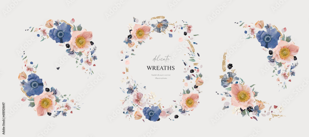 Floral, watercolor wreath set. Blue, blush pink anemone flowers, white petals, blackberry, golden glitter style bouquet. Vector illustration. Elegant wedding invite, save the date card template design