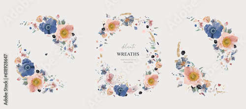 Floral, watercolor wreath set. Blue, blush pink anemone flowers, white petals...