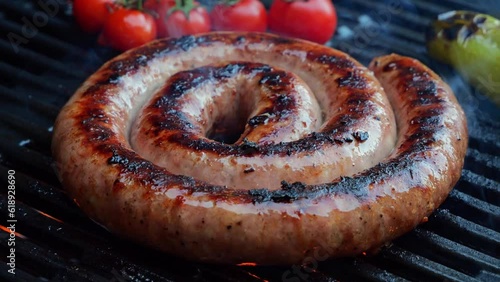 4K video cooking on grill sausage, twisted spiral, slow motion closeup, outdoors