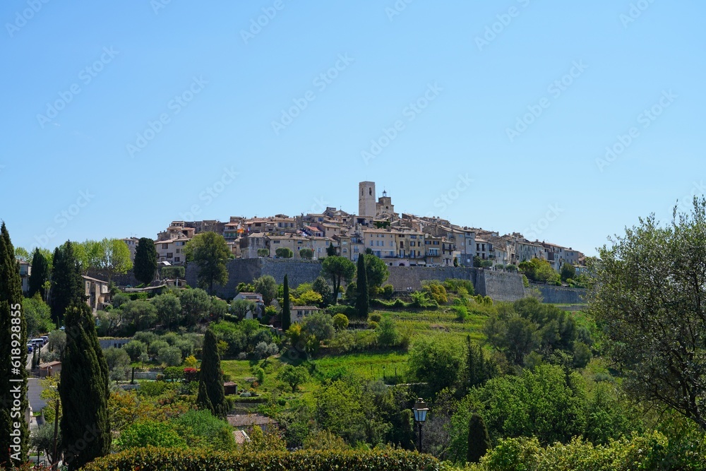 Panoramic view of Saint-Paul-de-Vence, a medieval town on the French Riviera in the Alpes-Maritimes department in the Provence-Alpes-Côte d'Azur region of France