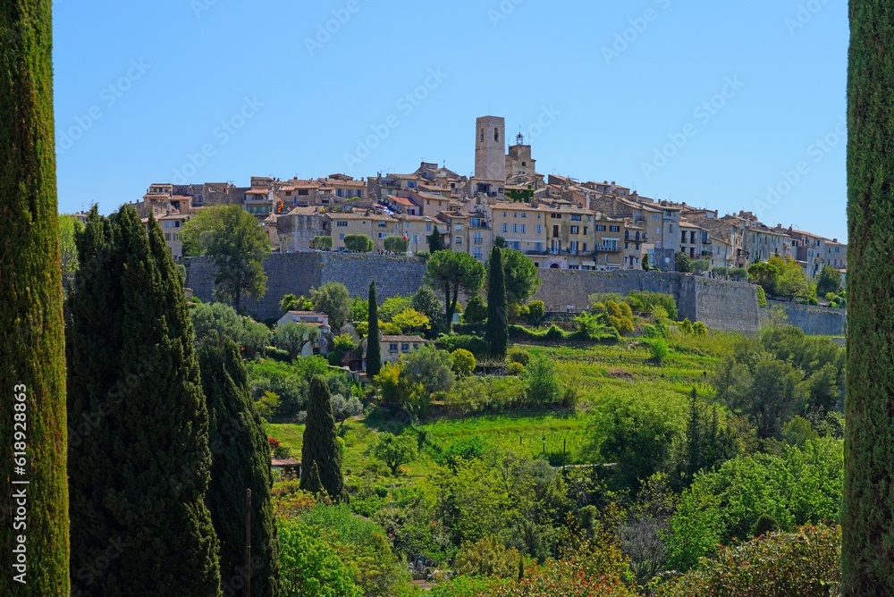 Panoramic view of Saint-Paul-de-Vence, a medieval town on the French Riviera in the Alpes-Maritimes department in the Provence-Alpes-Côte d'Azur region of France
