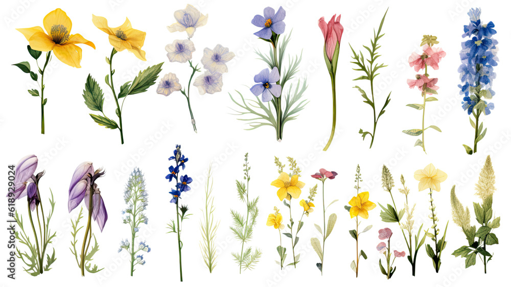 a collection of grunge oil painted alpine flowers isolated on a transparent background, generative ai