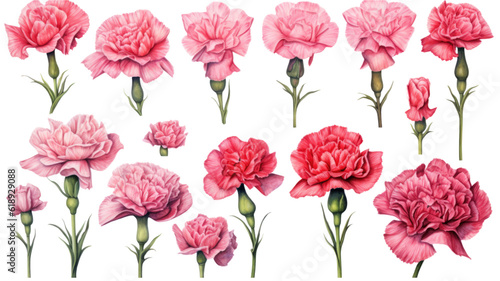 a collection of grunge oil painted carnations isolated on a transparent background, generative ai