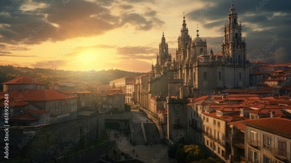 an amazing photo of Santiago de Compostela Spain sunset over city